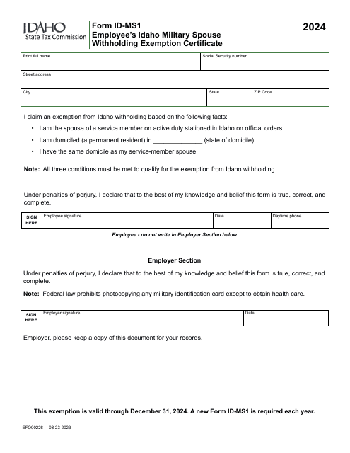 Form ID-MS1 (EFO00226) Employee's Idaho Military Spouse Withholding Exemption Certificate - Idaho, 2024