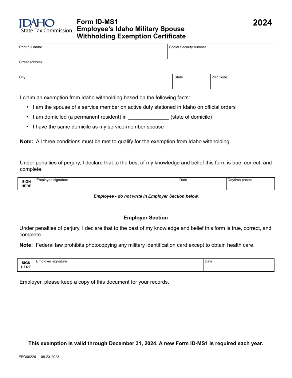 Form ID-MS1 (EFO00226) Employees Idaho Military Spouse Withholding Exemption Certificate - Idaho, Page 1