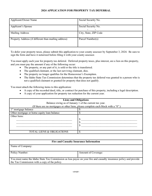 Form EFO00023 Application for Property Tax Deferral - Idaho, 2024