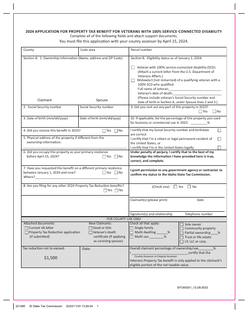 Form EFO00301 Application for Property Tax Benefit for Veterans With 100% Service-Connected Disability - Idaho, 2024
