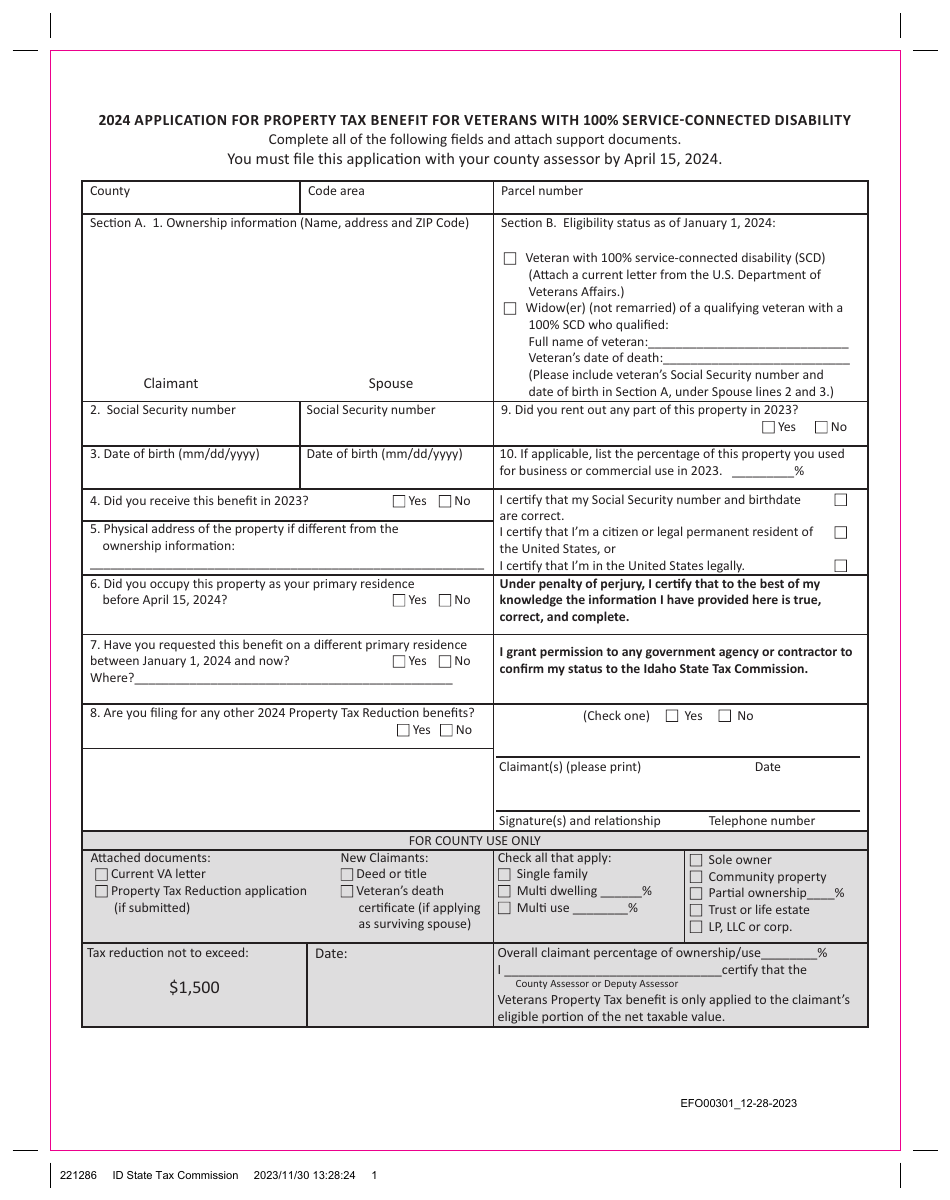 Form EFO00301 Application for Property Tax Benefit for Veterans With 100% Service-Connected Disability - Idaho, Page 1