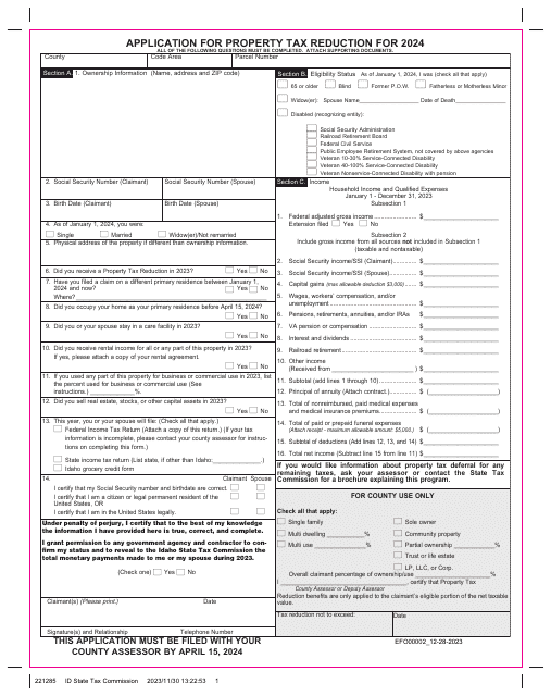 Form EFO00002 Application for Property Tax Reduction - Idaho, 2024