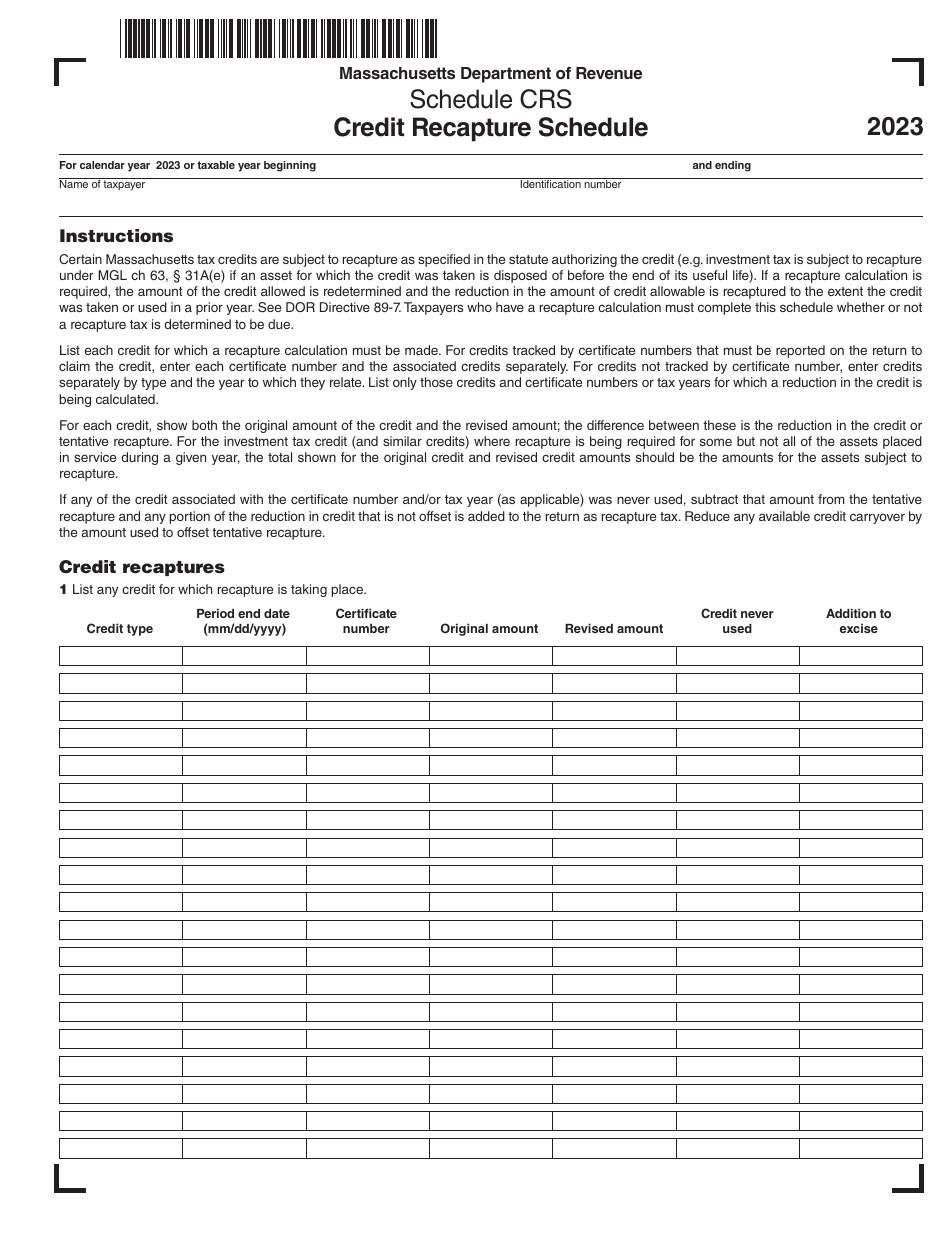 Schedule CRS Credit Recapture Schedule - Massachusetts, Page 1