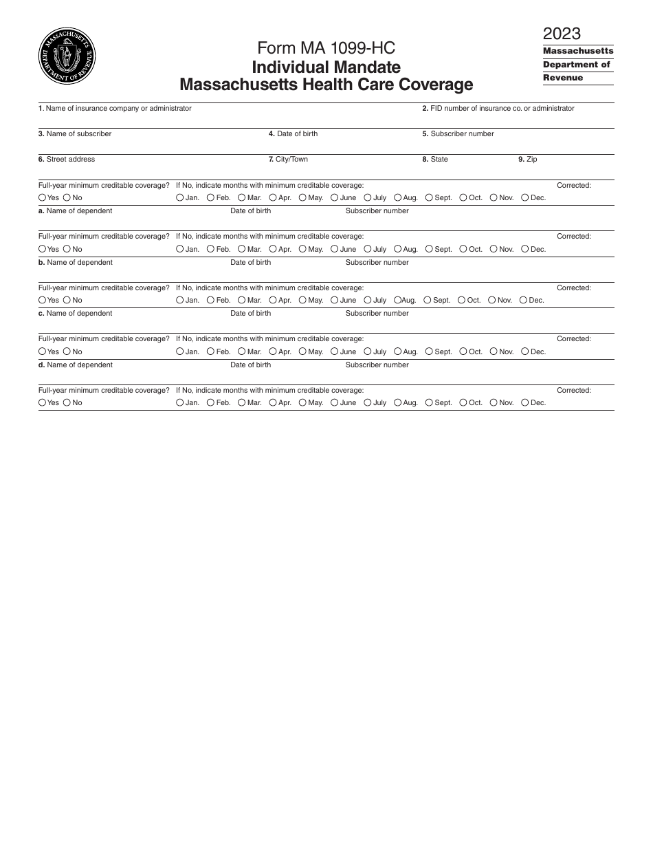 Form MA1099-HC Individual Mandate Massachusetts Health Care Coverage - Massachusetts, Page 1