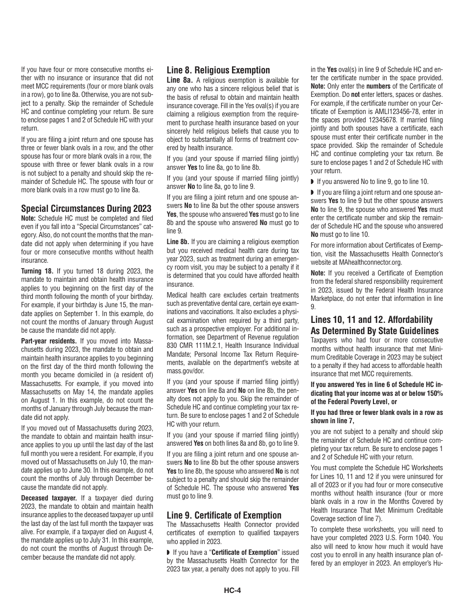 Instructions for Schedule HC Health Care Information - Massachusetts, Page 4