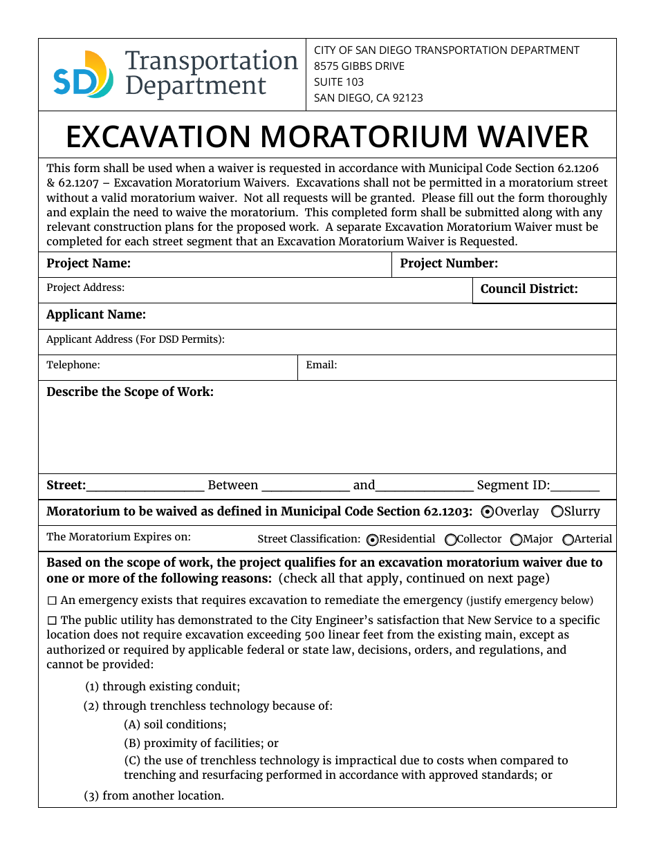 City of San Diego, California Excavation Moratorium Waiver - Fill Out ...