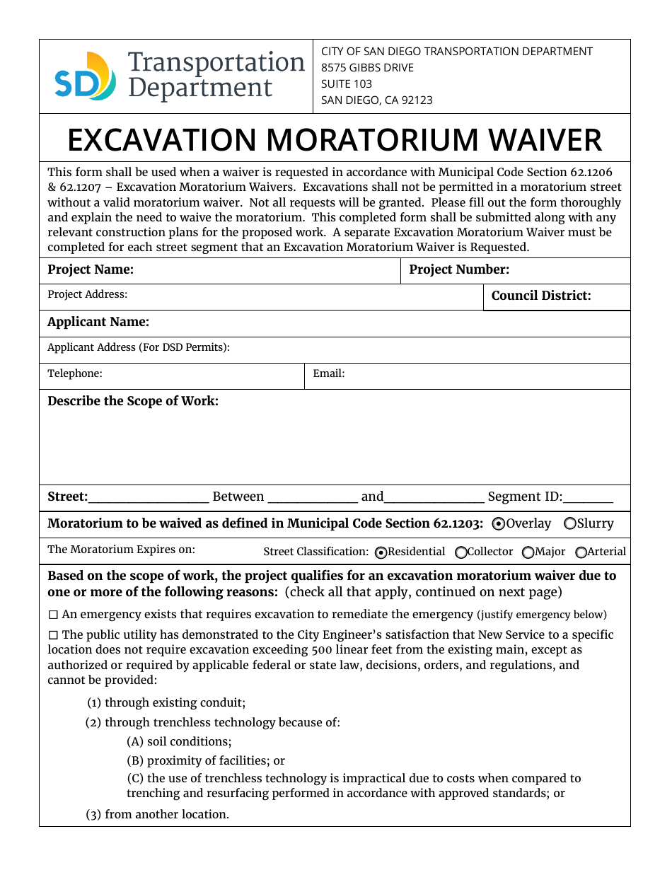 Excavation Moratorium Waiver - City of San Diego, California, Page 1