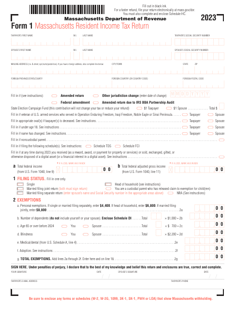 Form 1 Massachusetts Resident Income Tax Return - Massachusetts, 2023
