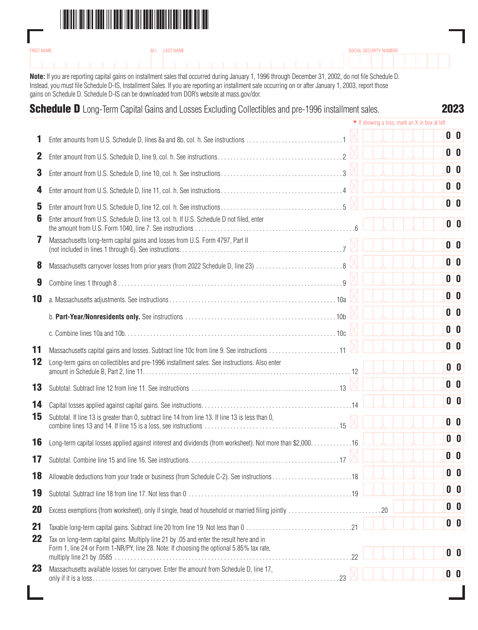 Schedule D Long-Term Capital Gains and Losses Excluding Collectibles and Pre-1996 Installment Sales - Massachusetts, Page 1