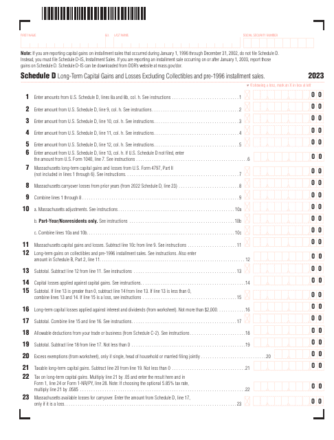 Schedule D Long-Term Capital Gains and Losses Excluding Collectibles and Pre-1996 Installment Sales - Massachusetts, 2023