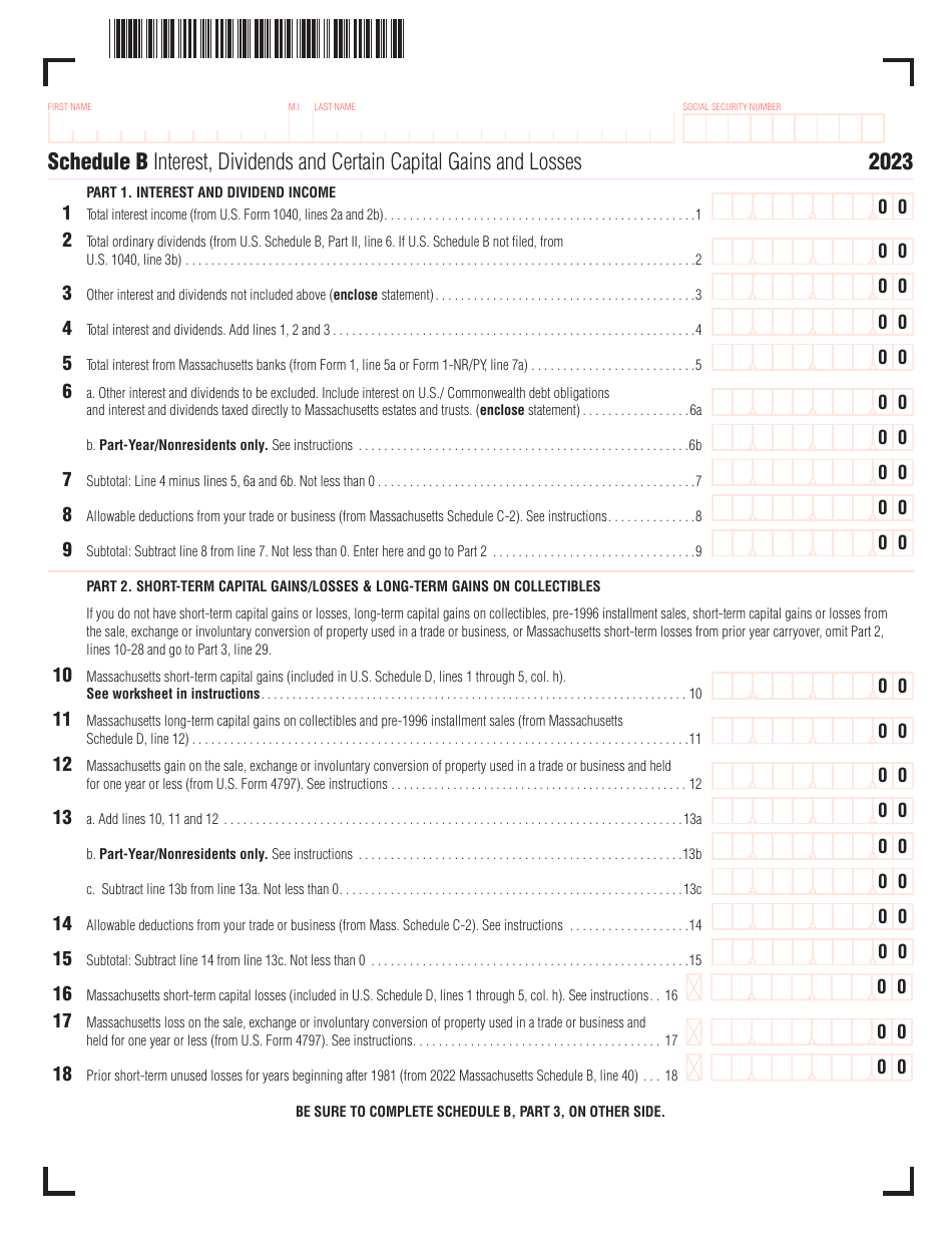 Schedule B Interest, Dividends and Certain Capital Gains and Losses - Massachusetts, Page 1