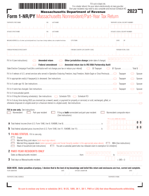 Form 1-NR/PY Massachusetts Nonresident/Part-Year Tax Return - Massachusetts, 2023
