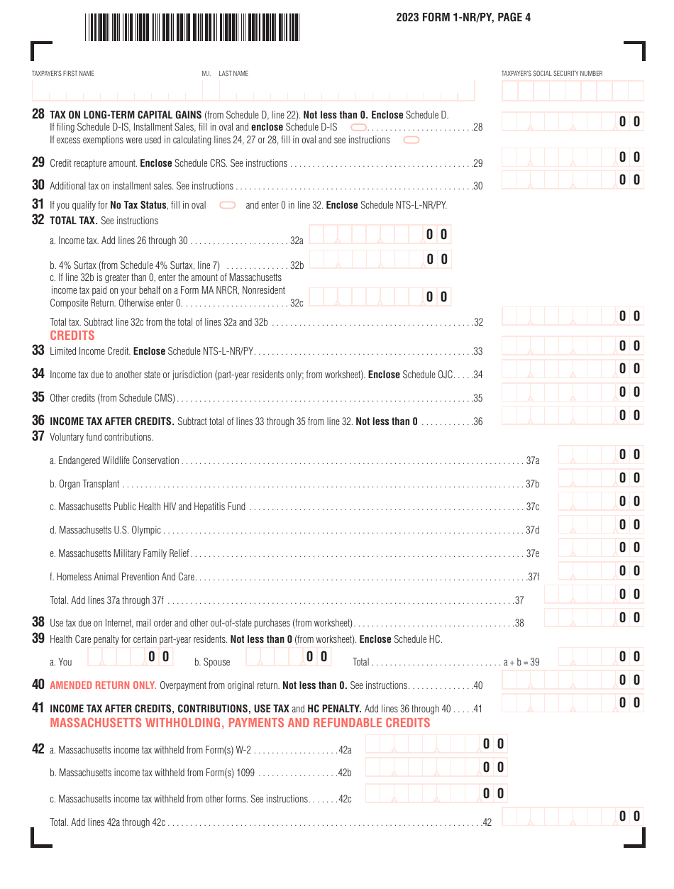 Form 1-NR / PY Massachusetts Nonresident / Part-Year Tax Return - Massachusetts, Page 4