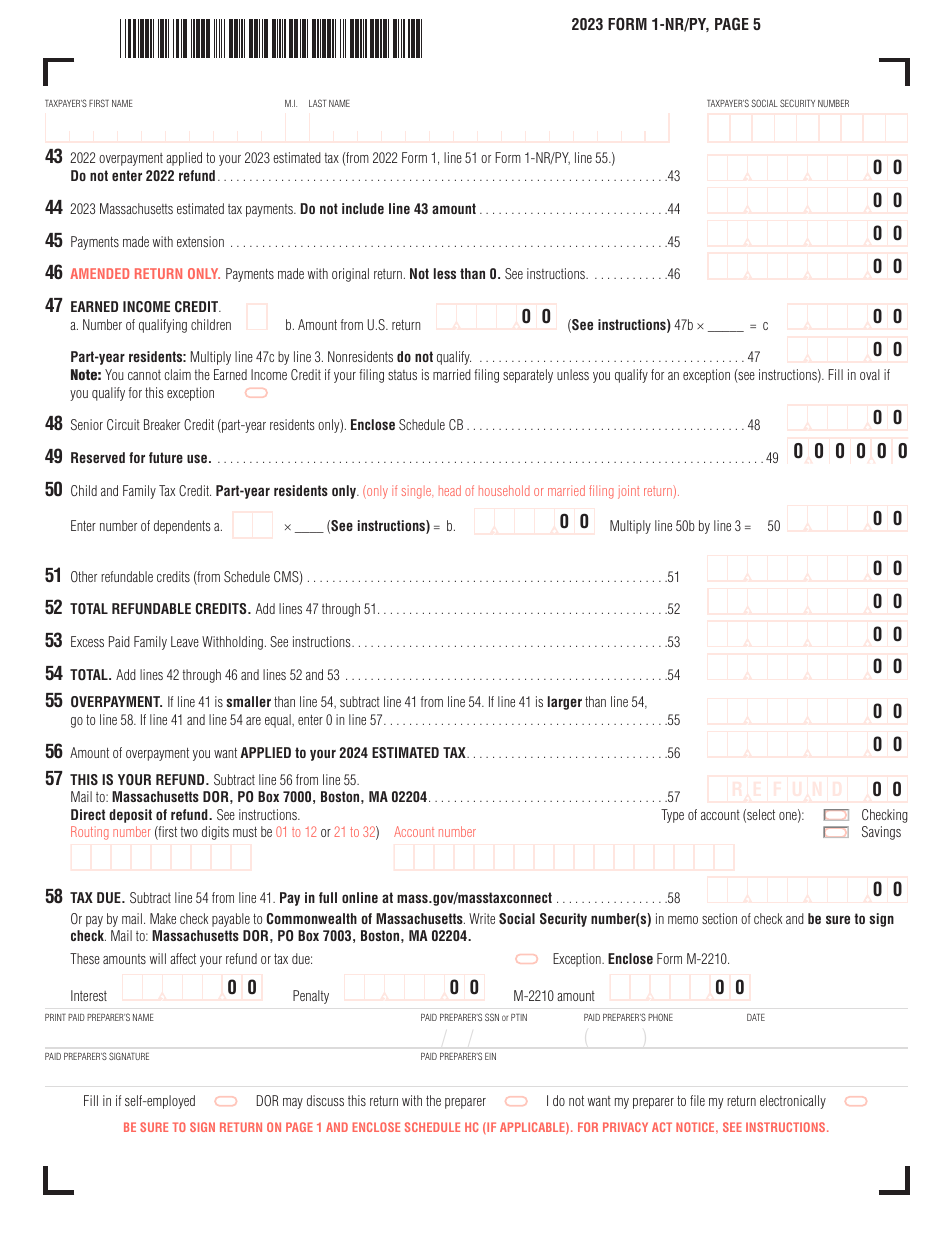 Form 1-NR / PY Massachusetts Nonresident / Part-Year Tax Return - Massachusetts, Page 5