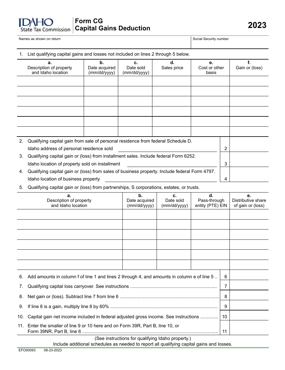 Form CG (EFO00093) Capital Gains Deduction - Idaho, Page 1