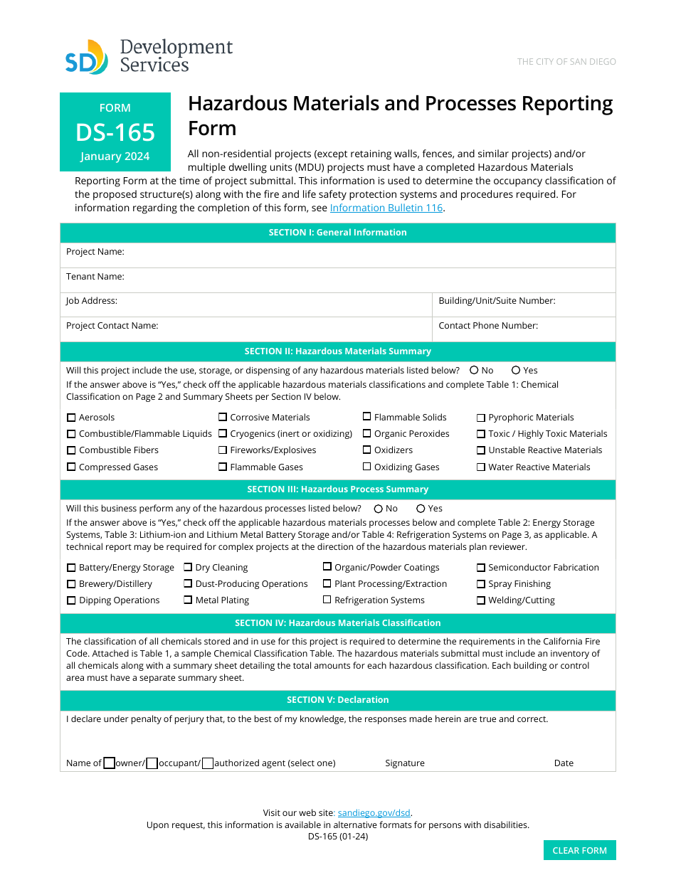 Form DS-165 Hazardous Materials and Processes Reporting Form - City of San Diego, California, Page 1