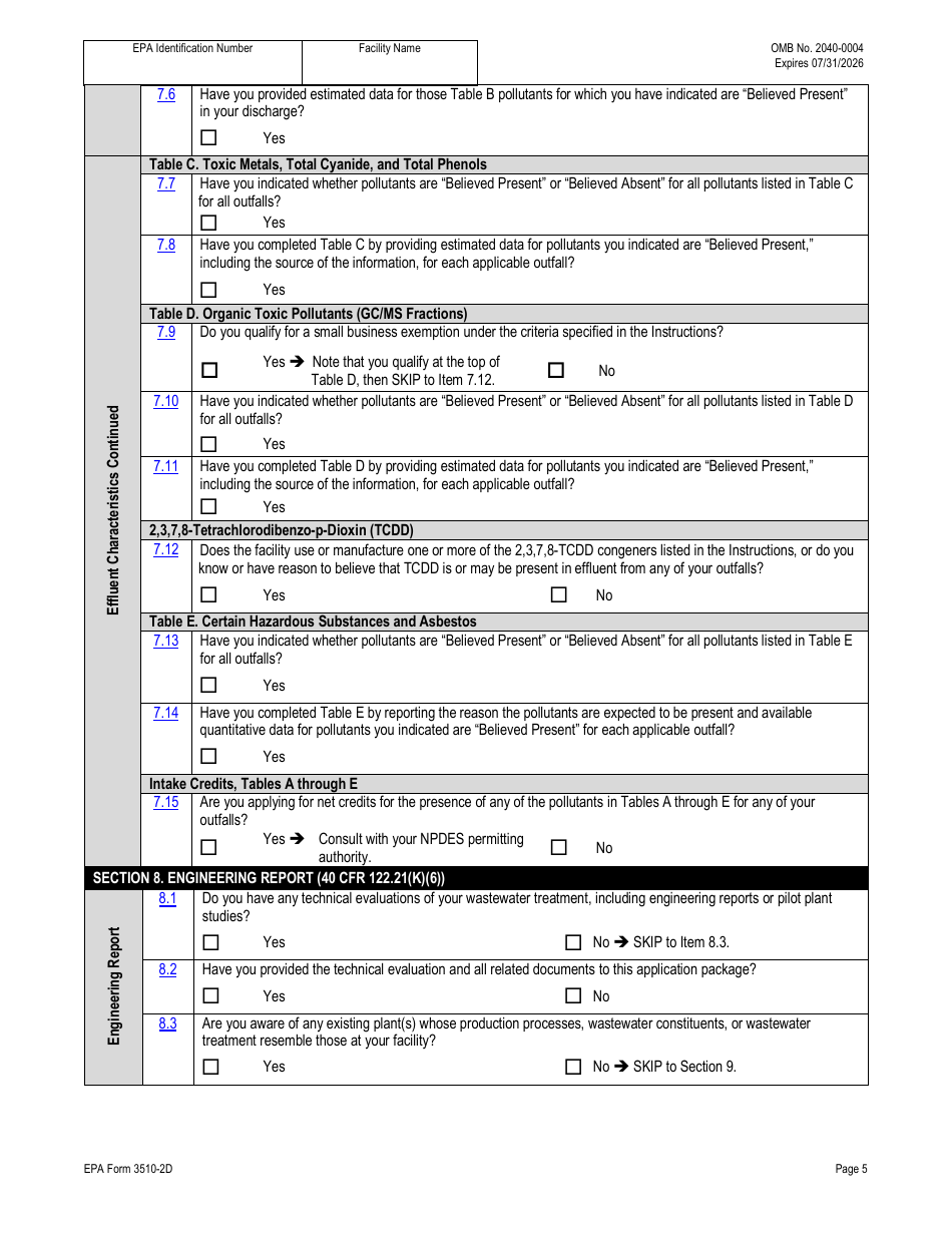 NPDES Form 2D (EPA Form 3510-2D) Application for Npdes Permit to Discharge Wastewater - New Manufacturing, Commercial, Mining, and Silvicultural Operations That Have Not yet Commenced Discharge of Process Wastewater, Page 17