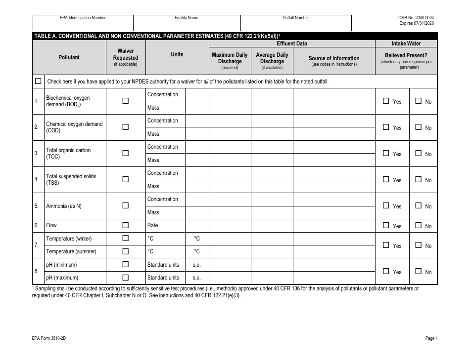 NPDES Form 2D (EPA Form 3510-2D) Application for Npdes Permit to Discharge Wastewater - New Manufacturing, Commercial, Mining, and Silvicultural Operations That Have Not yet Commenced Discharge of Process Wastewater, Page 21