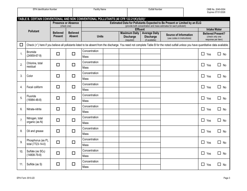 NPDES Form 2D (EPA Form 3510-2D) Application for Npdes Permit to Discharge Wastewater - New Manufacturing, Commercial, Mining, and Silvicultural Operations That Have Not yet Commenced Discharge of Process Wastewater, Page 23