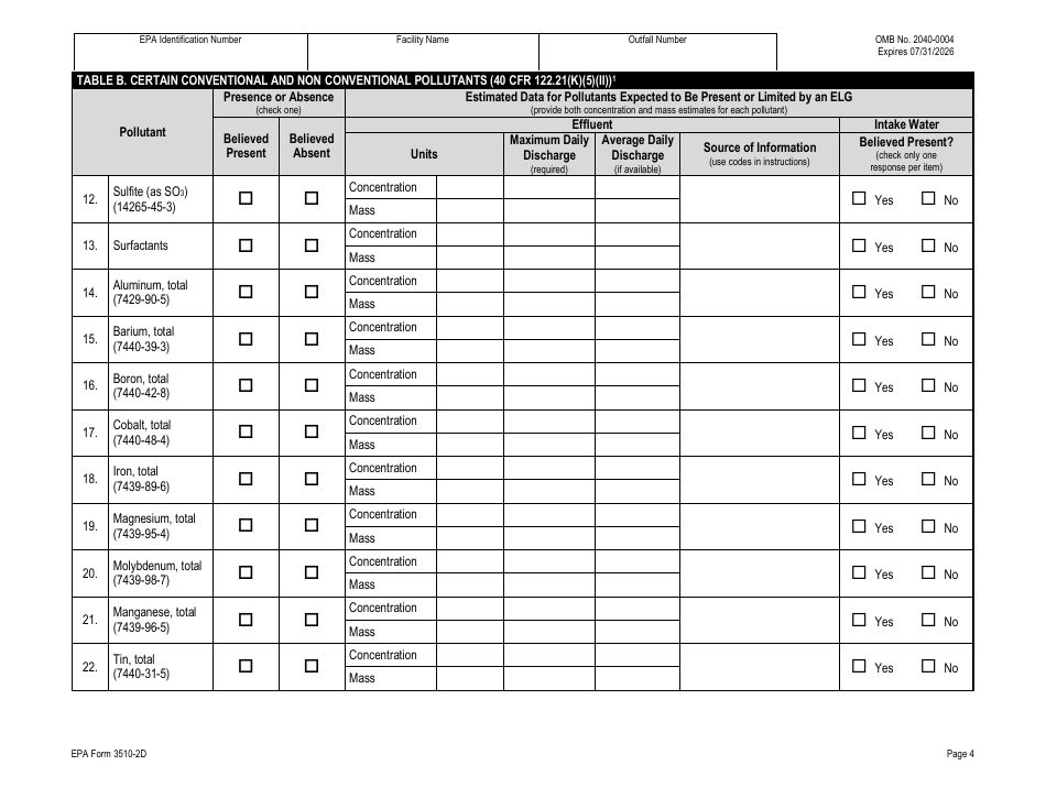 NPDES Form 2D (EPA Form 3510-2D) Application for Npdes Permit to Discharge Wastewater - New Manufacturing, Commercial, Mining, and Silvicultural Operations That Have Not yet Commenced Discharge of Process Wastewater, Page 24