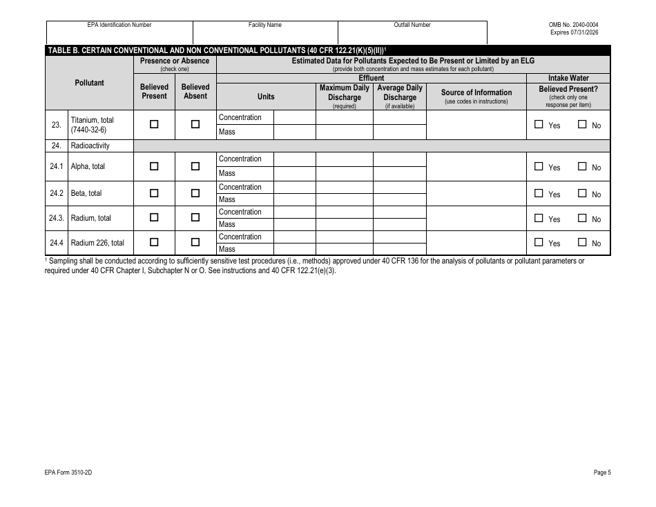 NPDES Form 2D (EPA Form 3510-2D) Application for Npdes Permit to Discharge Wastewater - New Manufacturing, Commercial, Mining, and Silvicultural Operations That Have Not yet Commenced Discharge of Process Wastewater, Page 25