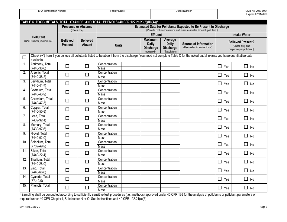 NPDES Form 2D (EPA Form 3510-2D) Application for Npdes Permit to Discharge Wastewater - New Manufacturing, Commercial, Mining, and Silvicultural Operations That Have Not yet Commenced Discharge of Process Wastewater, Page 27