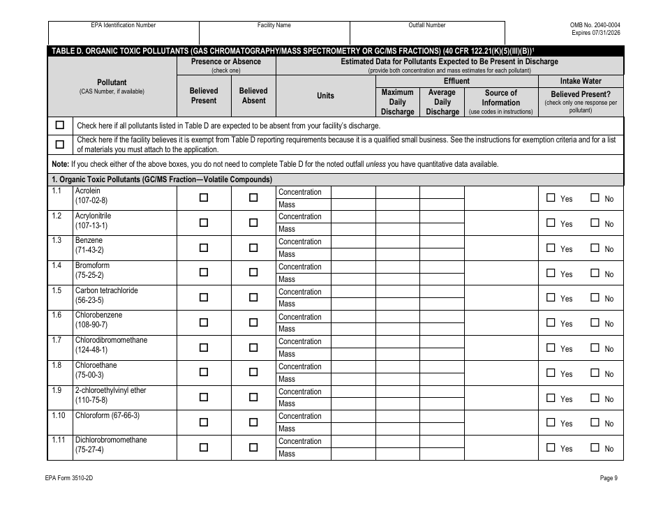 NPDES Form 2D (EPA Form 3510-2D) Application for Npdes Permit to Discharge Wastewater - New Manufacturing, Commercial, Mining, and Silvicultural Operations That Have Not yet Commenced Discharge of Process Wastewater, Page 29