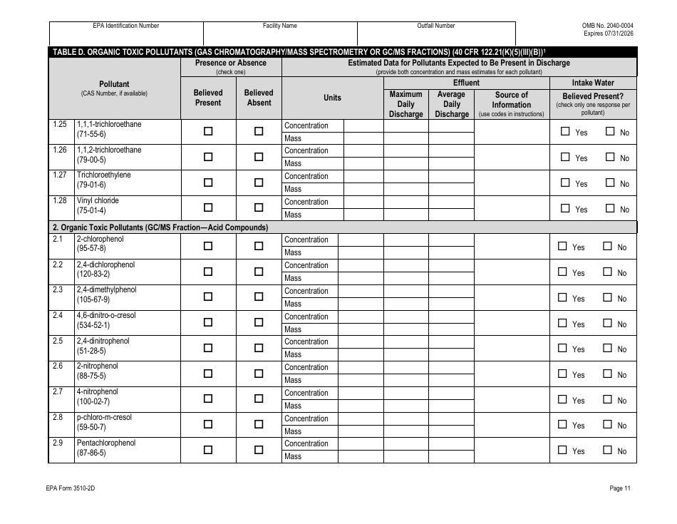 NPDES Form 2D (EPA Form 3510-2D) Application for Npdes Permit to Discharge Wastewater - New Manufacturing, Commercial, Mining, and Silvicultural Operations That Have Not yet Commenced Discharge of Process Wastewater, Page 31