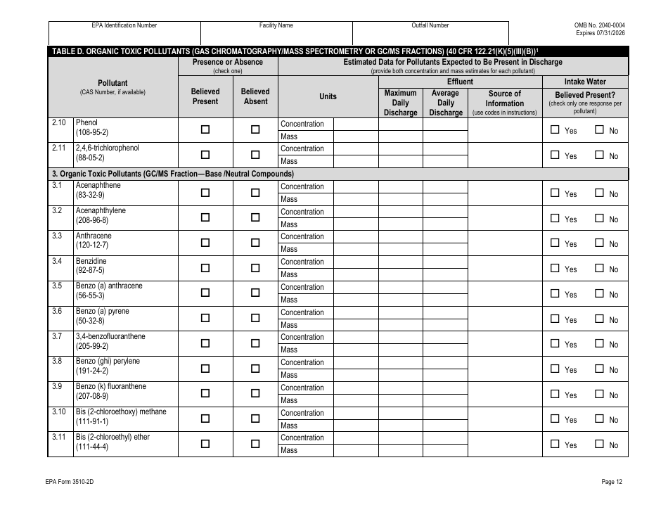 NPDES Form 2D (EPA Form 3510-2D) Application for Npdes Permit to Discharge Wastewater - New Manufacturing, Commercial, Mining, and Silvicultural Operations That Have Not yet Commenced Discharge of Process Wastewater, Page 32