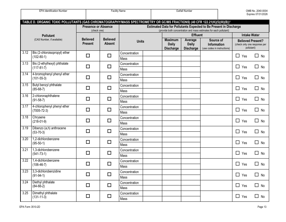 NPDES Form 2D (EPA Form 3510-2D) Application for Npdes Permit to Discharge Wastewater - New Manufacturing, Commercial, Mining, and Silvicultural Operations That Have Not yet Commenced Discharge of Process Wastewater, Page 33