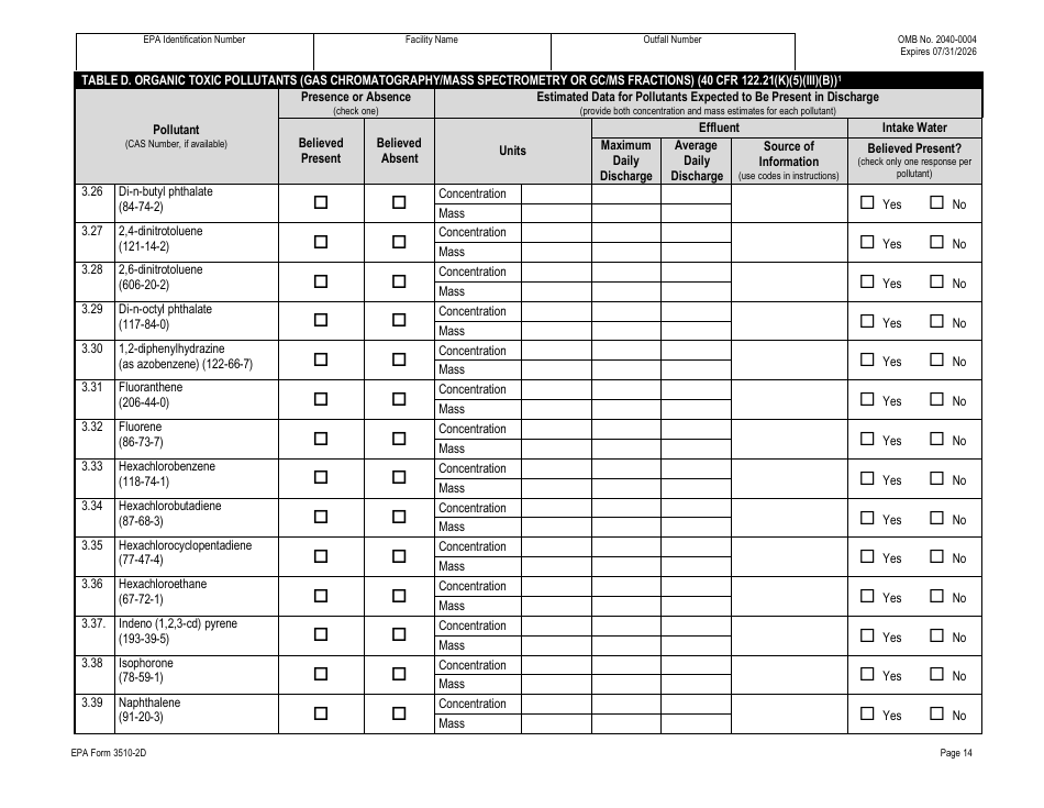 NPDES Form 2D (EPA Form 3510-2D) Application for Npdes Permit to Discharge Wastewater - New Manufacturing, Commercial, Mining, and Silvicultural Operations That Have Not yet Commenced Discharge of Process Wastewater, Page 34
