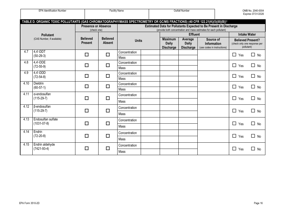 NPDES Form 2D (EPA Form 3510-2D) Application for Npdes Permit to Discharge Wastewater - New Manufacturing, Commercial, Mining, and Silvicultural Operations That Have Not yet Commenced Discharge of Process Wastewater, Page 36