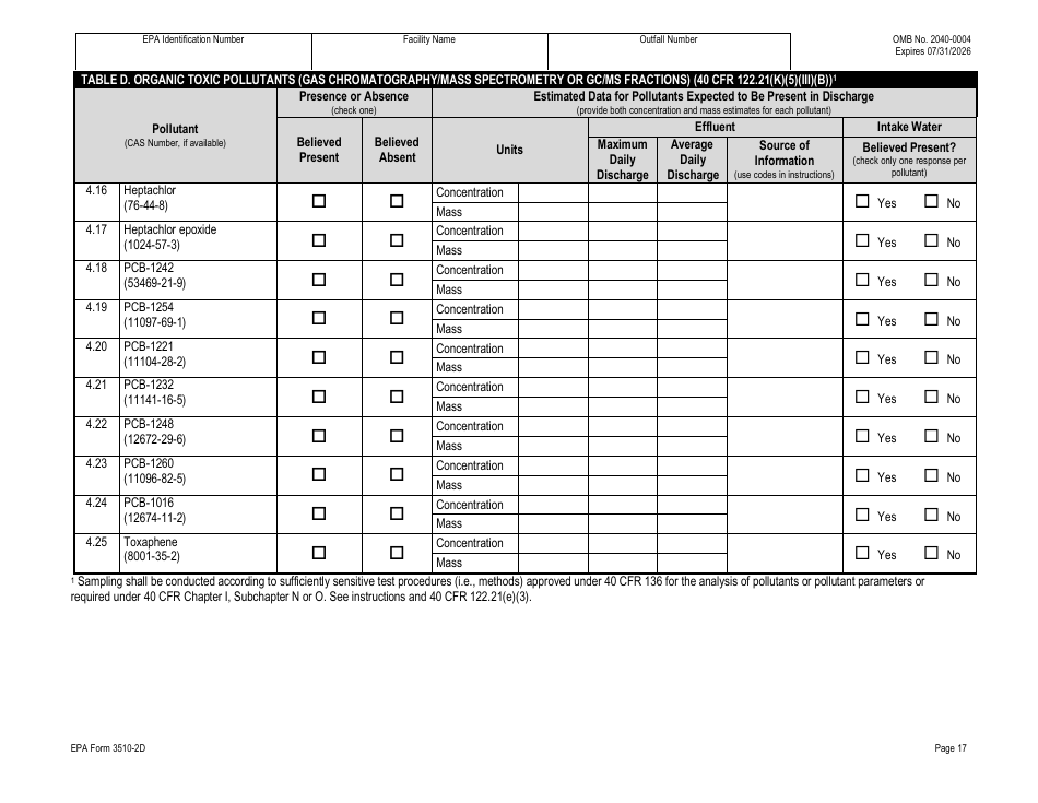 NPDES Form 2D (EPA Form 3510-2D) Application for Npdes Permit to Discharge Wastewater - New Manufacturing, Commercial, Mining, and Silvicultural Operations That Have Not yet Commenced Discharge of Process Wastewater, Page 37