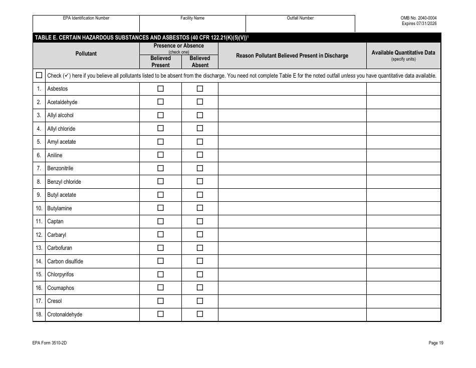 NPDES Form 2D (EPA Form 3510-2D) Application for Npdes Permit to Discharge Wastewater - New Manufacturing, Commercial, Mining, and Silvicultural Operations That Have Not yet Commenced Discharge of Process Wastewater, Page 39