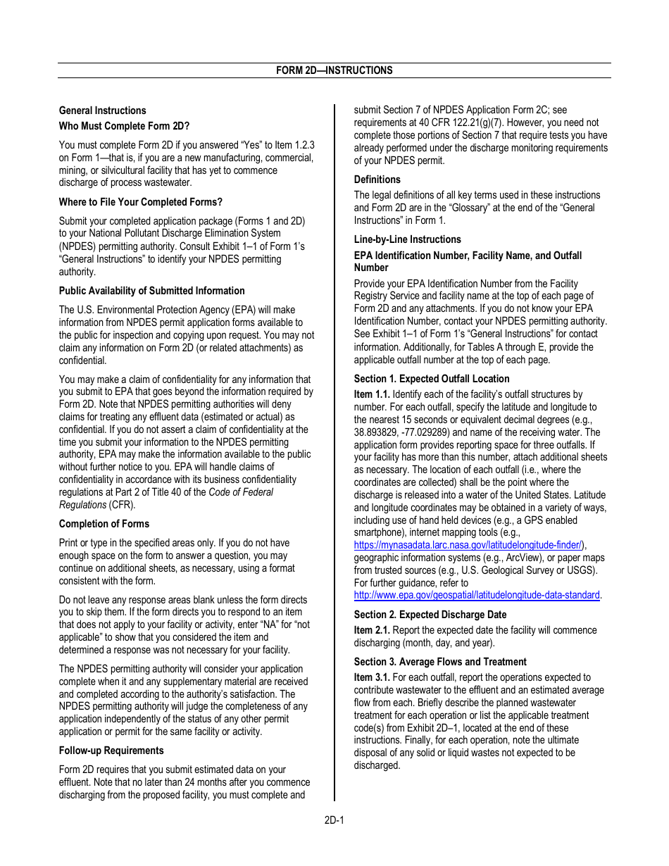 NPDES Form 2D (EPA Form 3510-2D) Application for Npdes Permit to Discharge Wastewater - New Manufacturing, Commercial, Mining, and Silvicultural Operations That Have Not yet Commenced Discharge of Process Wastewater, Page 3