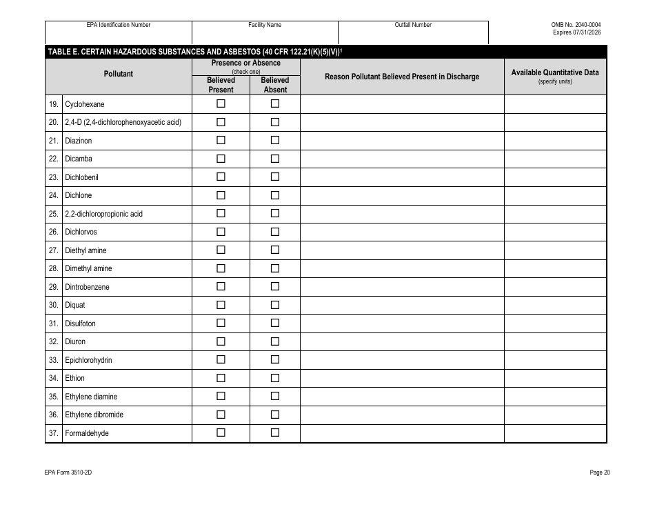 NPDES Form 2D (EPA Form 3510-2D) Application for Npdes Permit to Discharge Wastewater - New Manufacturing, Commercial, Mining, and Silvicultural Operations That Have Not yet Commenced Discharge of Process Wastewater, Page 40