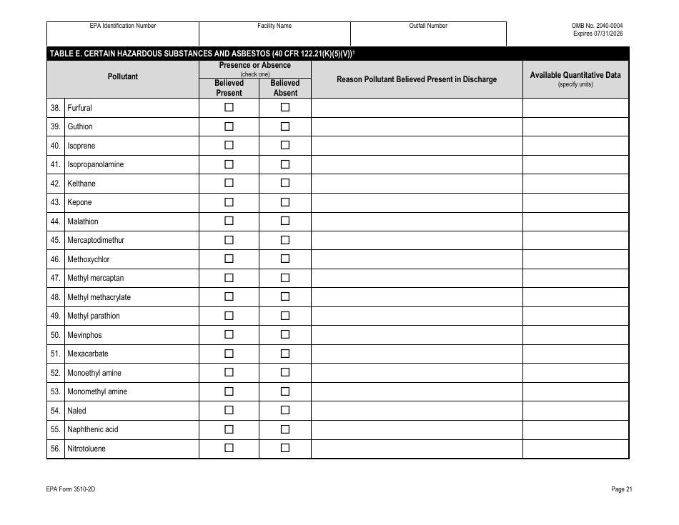 NPDES Form 2D (EPA Form 3510-2D) Application for Npdes Permit to Discharge Wastewater - New Manufacturing, Commercial, Mining, and Silvicultural Operations That Have Not yet Commenced Discharge of Process Wastewater, Page 41
