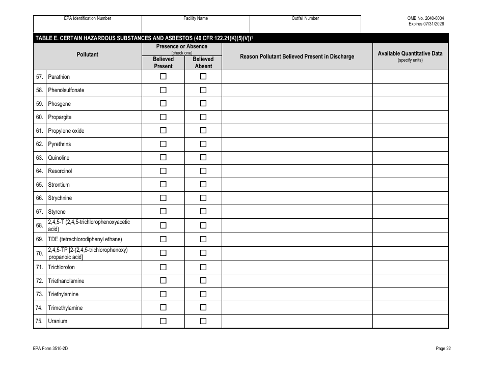 NPDES Form 2D (EPA Form 3510-2D) Application for Npdes Permit to Discharge Wastewater - New Manufacturing, Commercial, Mining, and Silvicultural Operations That Have Not yet Commenced Discharge of Process Wastewater, Page 42