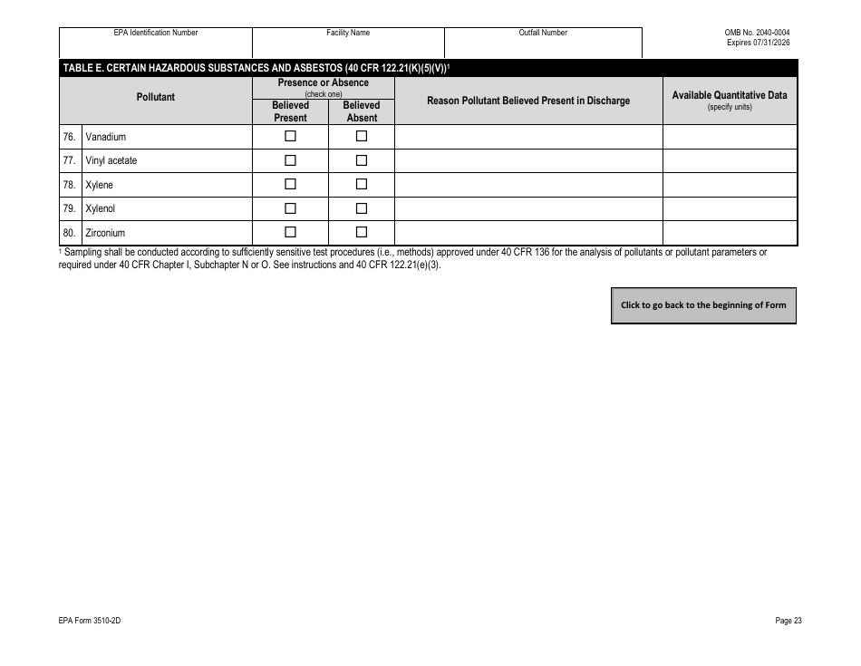 NPDES Form 2D (EPA Form 3510-2D) Application for Npdes Permit to Discharge Wastewater - New Manufacturing, Commercial, Mining, and Silvicultural Operations That Have Not yet Commenced Discharge of Process Wastewater, Page 43