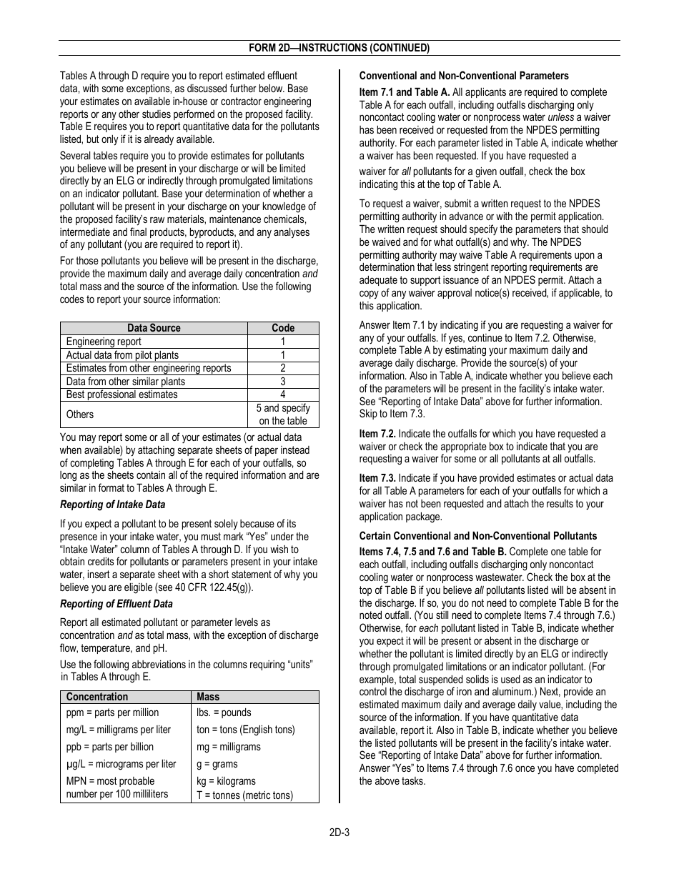 NPDES Form 2D (EPA Form 3510-2D) Application for Npdes Permit to Discharge Wastewater - New Manufacturing, Commercial, Mining, and Silvicultural Operations That Have Not yet Commenced Discharge of Process Wastewater, Page 5