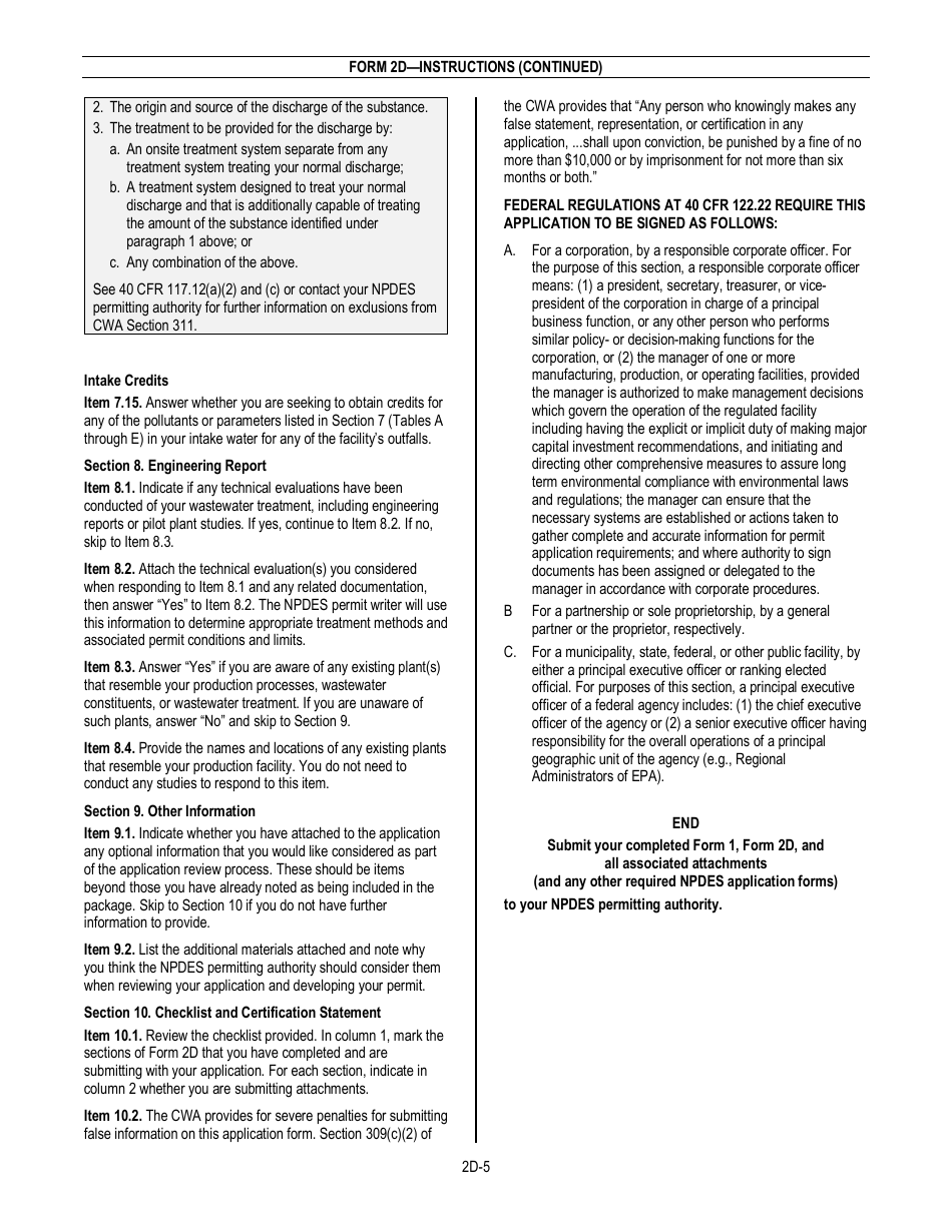 NPDES Form 2D (EPA Form 3510-2D) Application for Npdes Permit to Discharge Wastewater - New Manufacturing, Commercial, Mining, and Silvicultural Operations That Have Not yet Commenced Discharge of Process Wastewater, Page 7