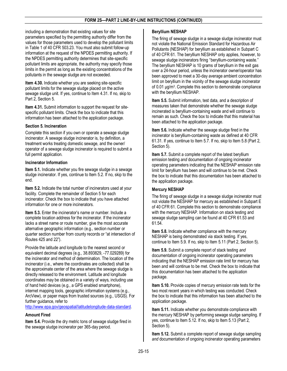 NPDES Form 2S (EPA Form 3510-2S) Application for Npdes Permit for Sewage Sludge Management - New and Existing Treatment Works Treating Domestic Sewage, Page 17