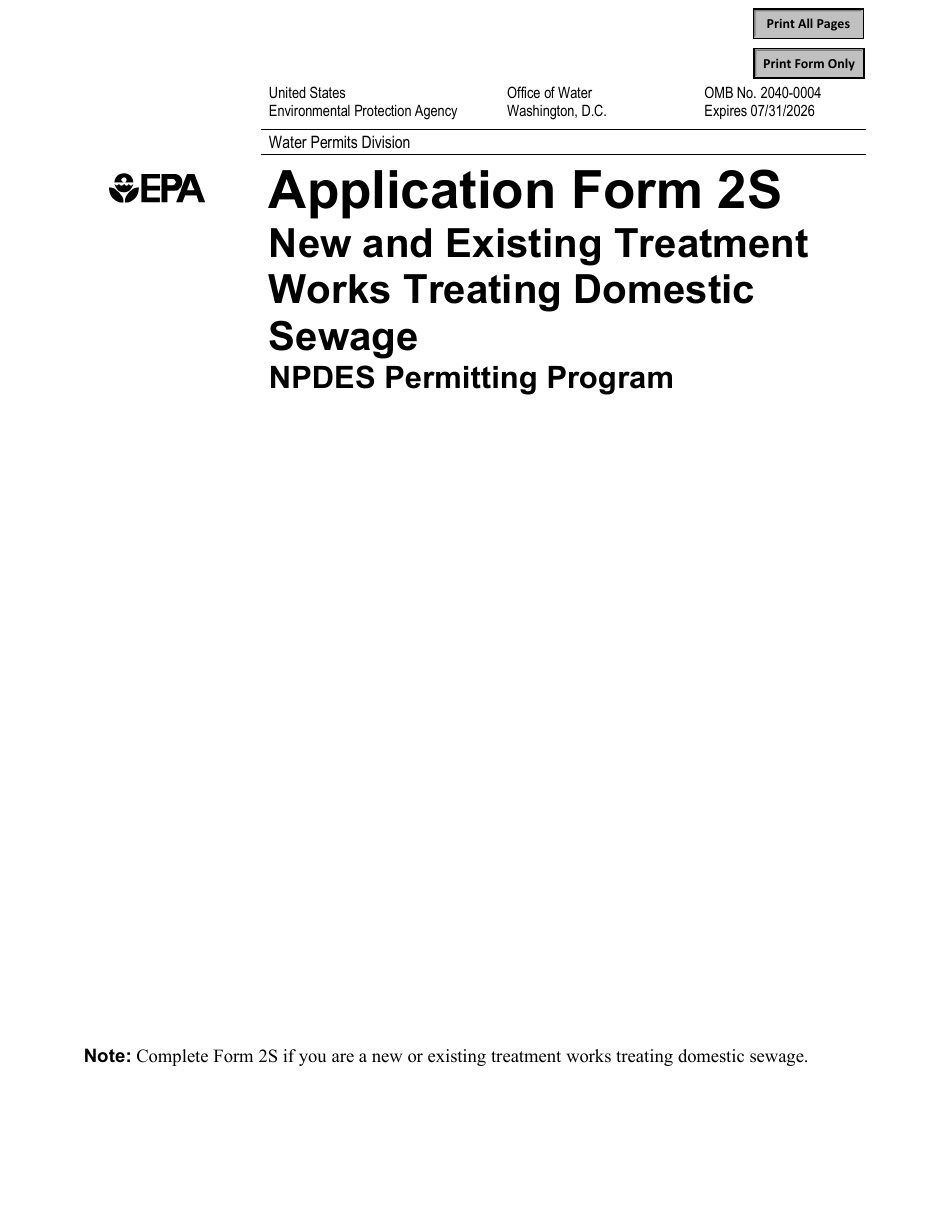 NPDES Form 2S (EPA Form 3510-2S) Application for Npdes Permit for Sewage Sludge Management - New and Existing Treatment Works Treating Domestic Sewage, Page 1