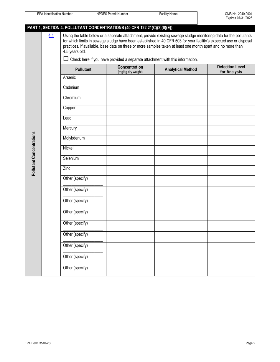NPDES Form 2S (EPA Form 3510-2S) Application for Npdes Permit for Sewage Sludge Management - New and Existing Treatment Works Treating Domestic Sewage, Page 29