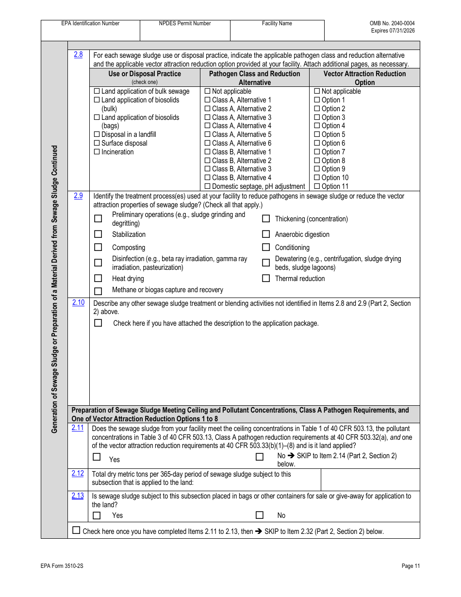 NPDES Form 2S (EPA Form 3510-2S) Application for Npdes Permit for Sewage Sludge Management - New and Existing Treatment Works Treating Domestic Sewage, Page 38