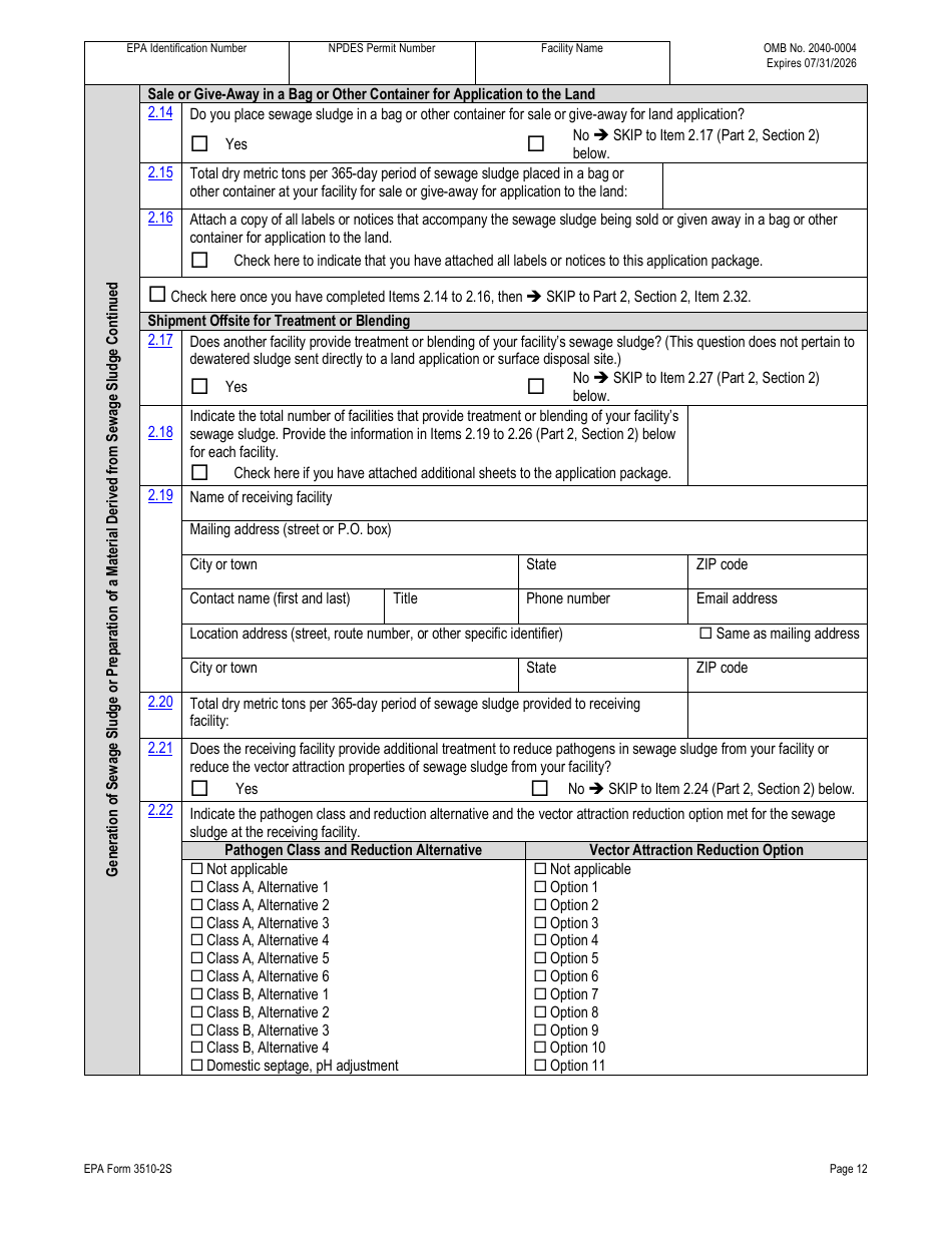 NPDES Form 2S (EPA Form 3510-2S) Application for Npdes Permit for Sewage Sludge Management - New and Existing Treatment Works Treating Domestic Sewage, Page 39
