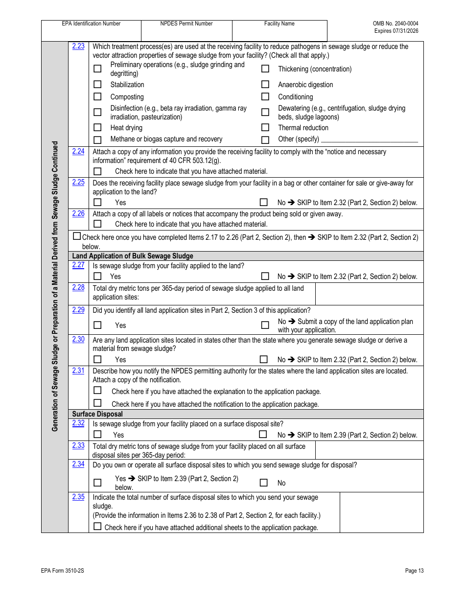 NPDES Form 2S (EPA Form 3510-2S) Application for Npdes Permit for Sewage Sludge Management - New and Existing Treatment Works Treating Domestic Sewage, Page 40