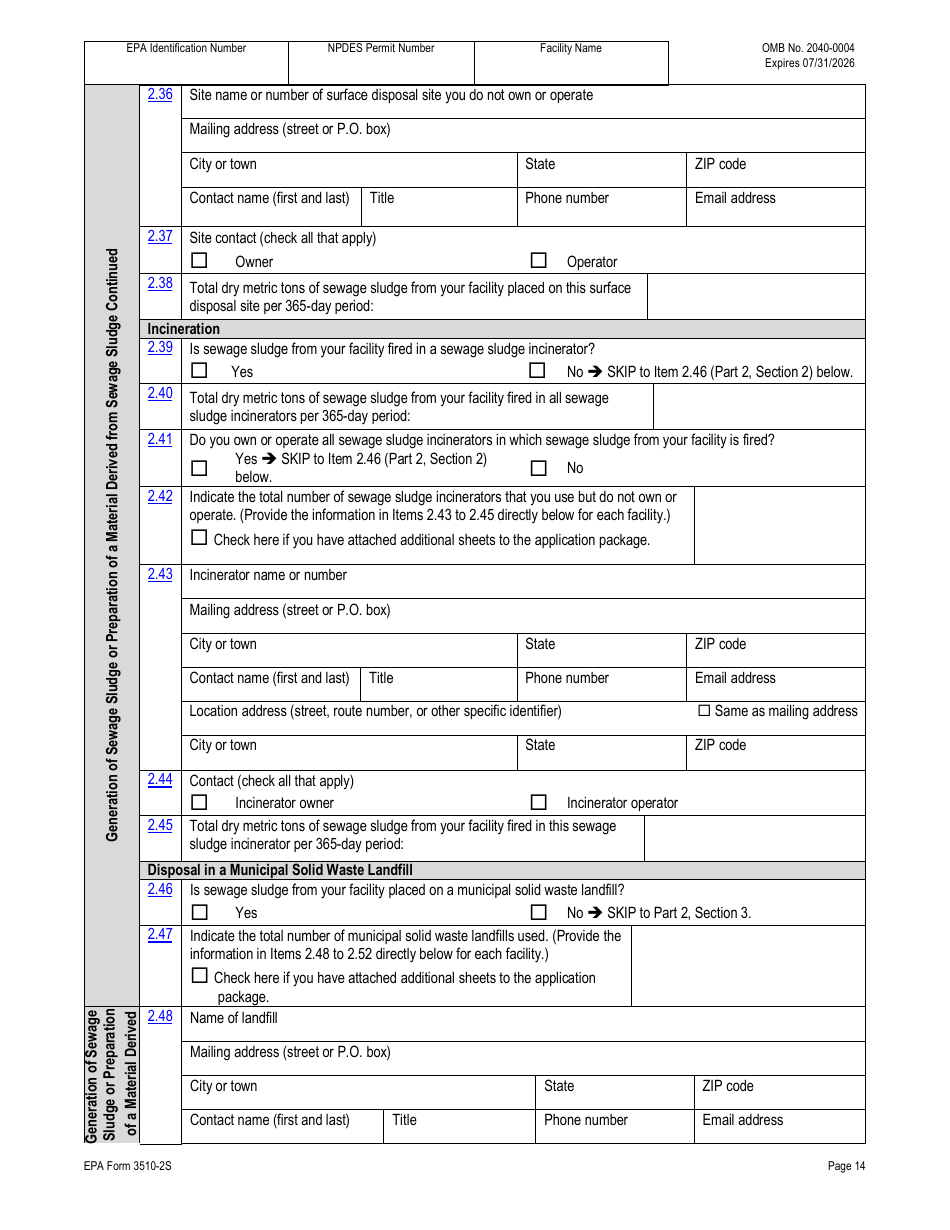 NPDES Form 2S (EPA Form 3510-2S) Application for Npdes Permit for Sewage Sludge Management - New and Existing Treatment Works Treating Domestic Sewage, Page 41
