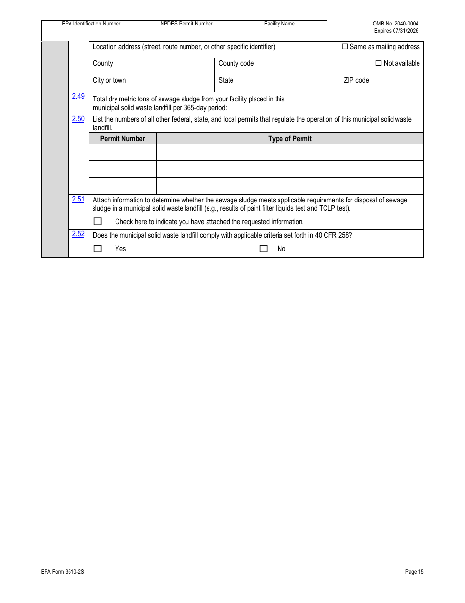 NPDES Form 2S (EPA Form 3510-2S) Application for Npdes Permit for Sewage Sludge Management - New and Existing Treatment Works Treating Domestic Sewage, Page 42
