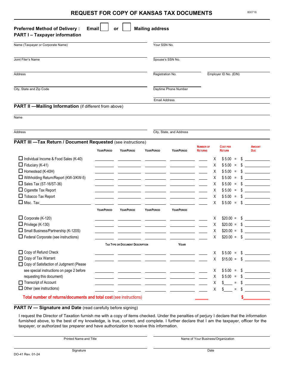Form DO-41 Request for Copy of Kansas Tax Documents - Kansas, Page 1